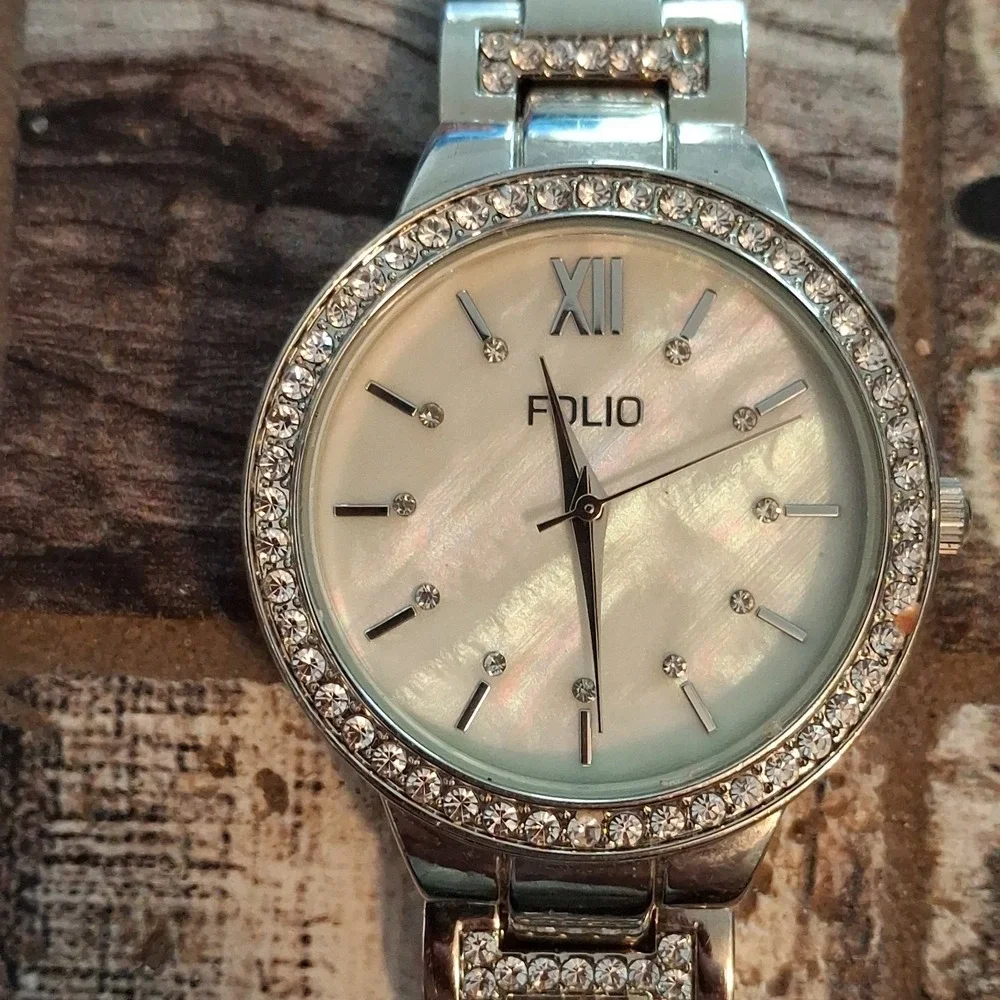 Two Womens Rhinestone Encrusted Silvertone 34mm Watches. Pre-Owned.